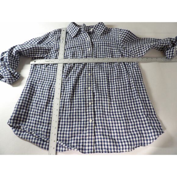 Talbots Linen 1XP Petite 1X Blouse Blue Gingham Plaid Button Up Picnic Collared - Picture 6 of 9